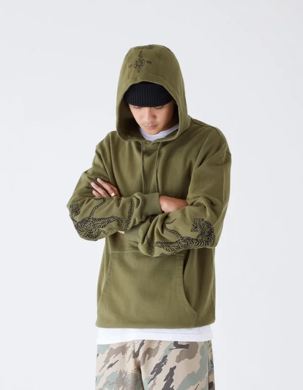 Maharishi Hooded Sweats*4280 Duelling Tigers Embroidered Hooded Sweat Olive Og-107F